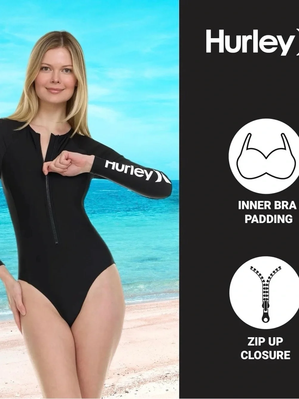 Hurley Long‑Sleeve One‑Piece Swimsuit • Black • Zip Front • Size M - Picture 3 of 13